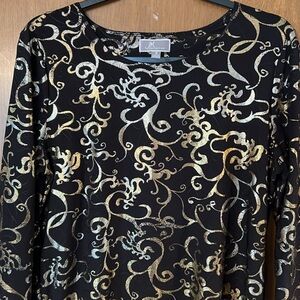 EUC JM Collection Elegant Black and Gold Swirl Top 3/4 Sleeves Size Medium